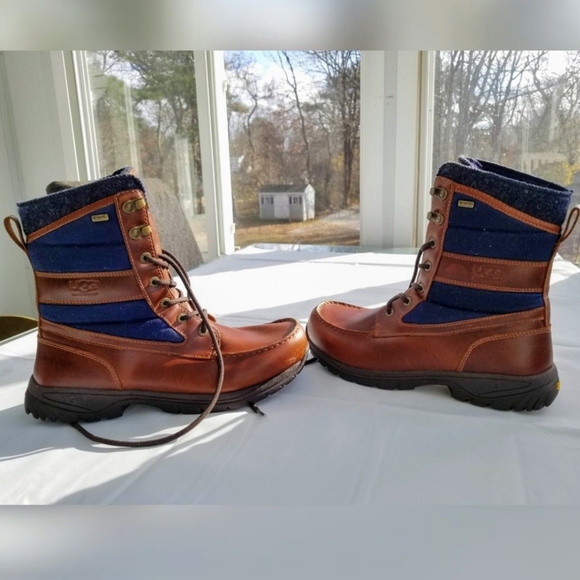 Ugg Wynton Brown Navy Waterproof Laceup Leather Boots 9.5 - Picture 1 of 8